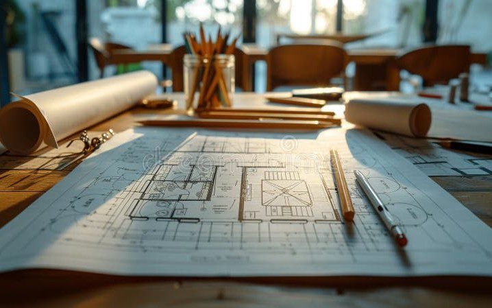 Architectural drawings and rolled floor plans on a sunlit wooden desk