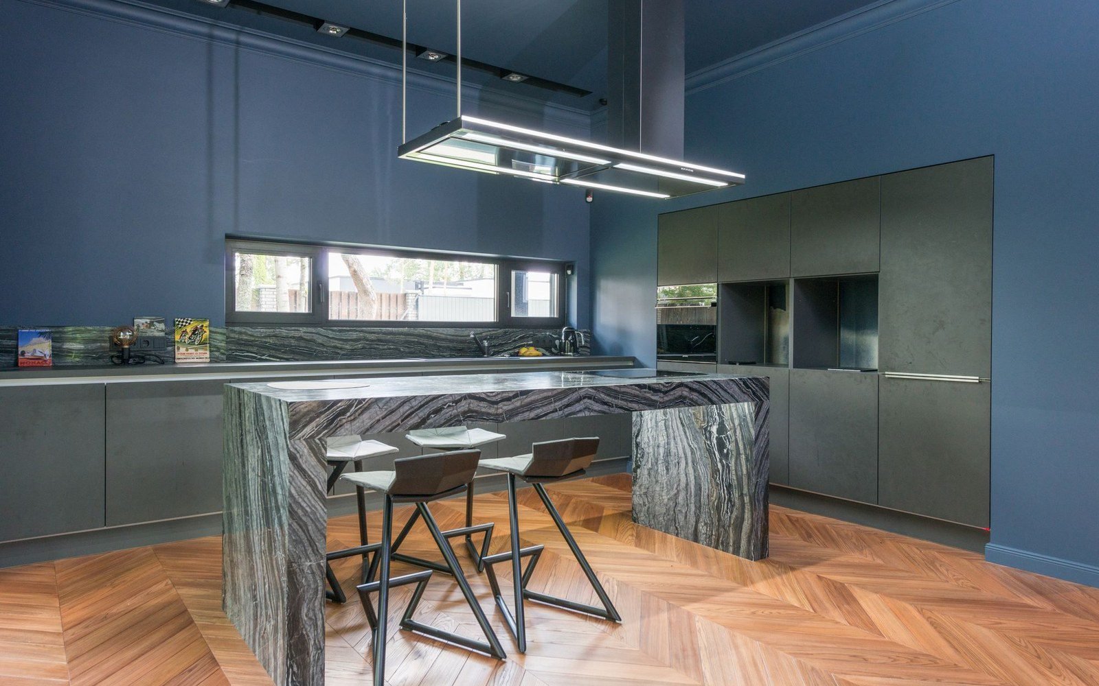 Luxury kitchen with marble waterfall island