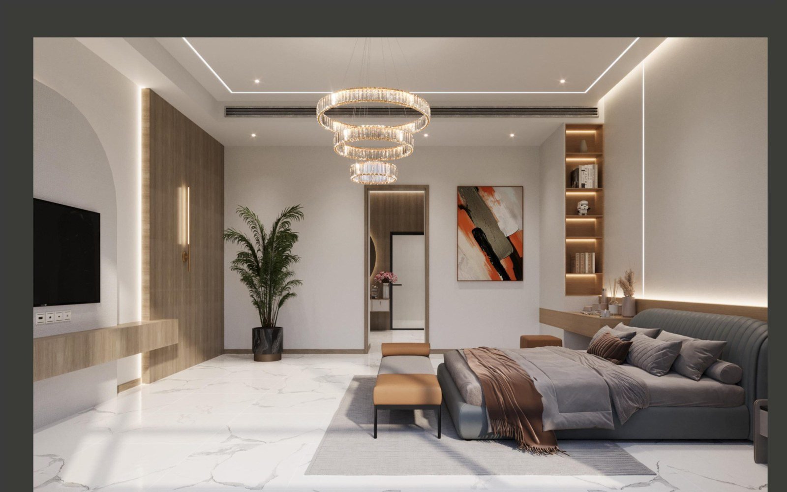 Master bedroom with a crystal chandelier, marble floor and warm grey bedding