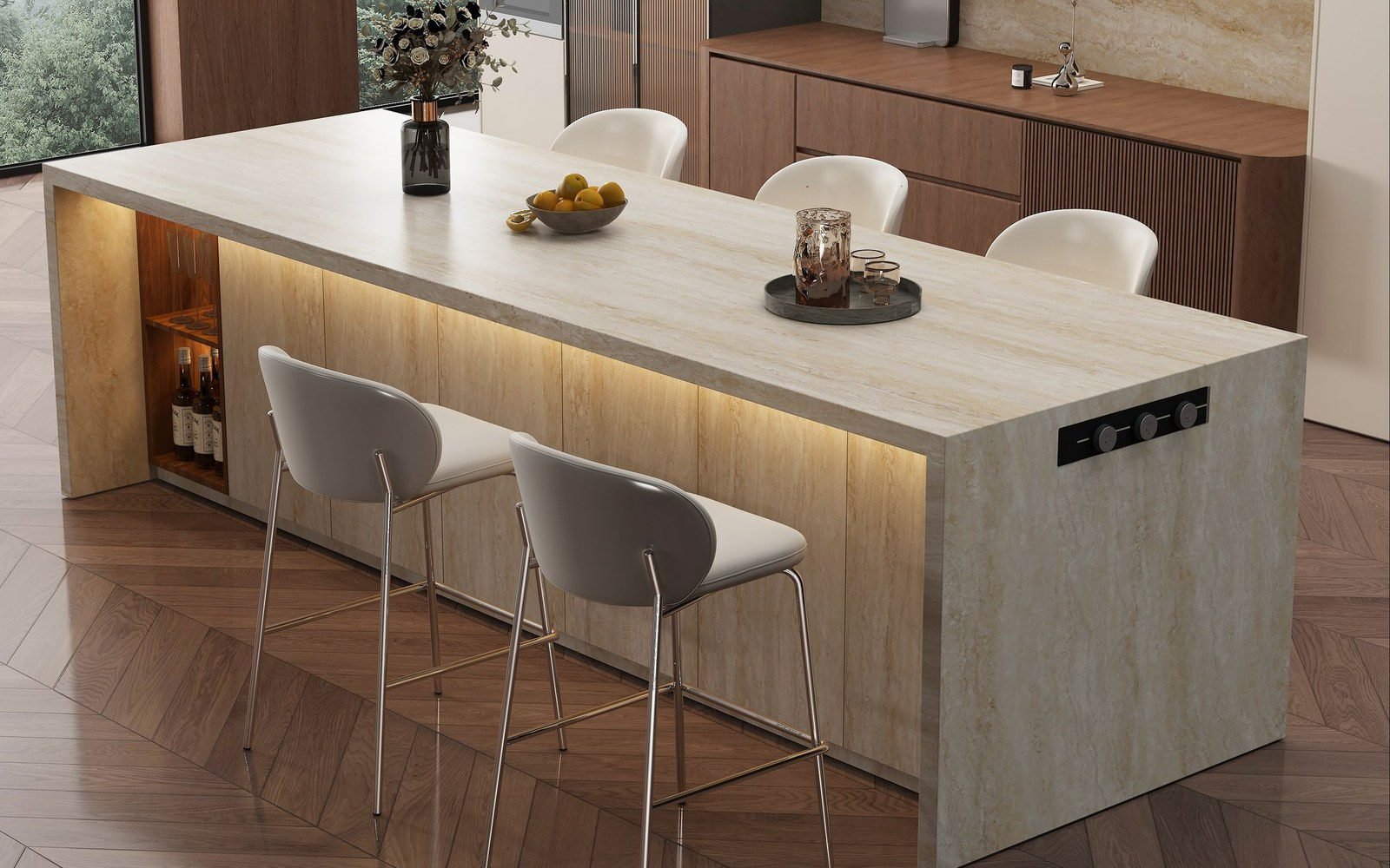 Modern kitchen with stone island on herringbone wood floor