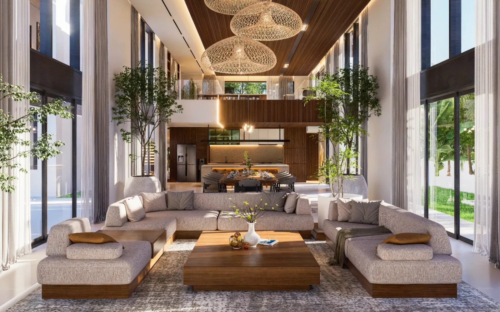 Finished double-height villa living room, built and installed on the island