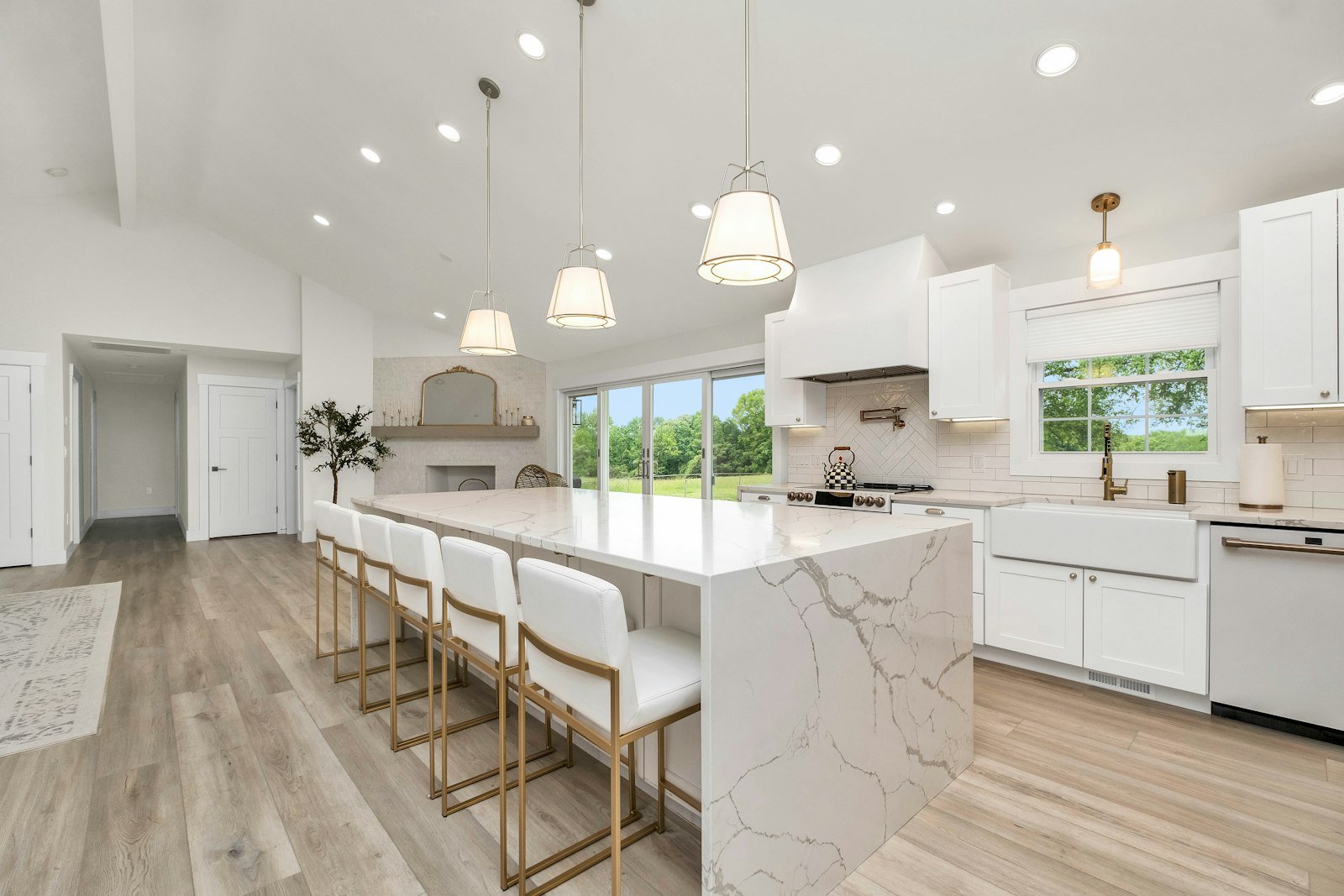 Finished factory-produced kitchen with large central island in a new build home