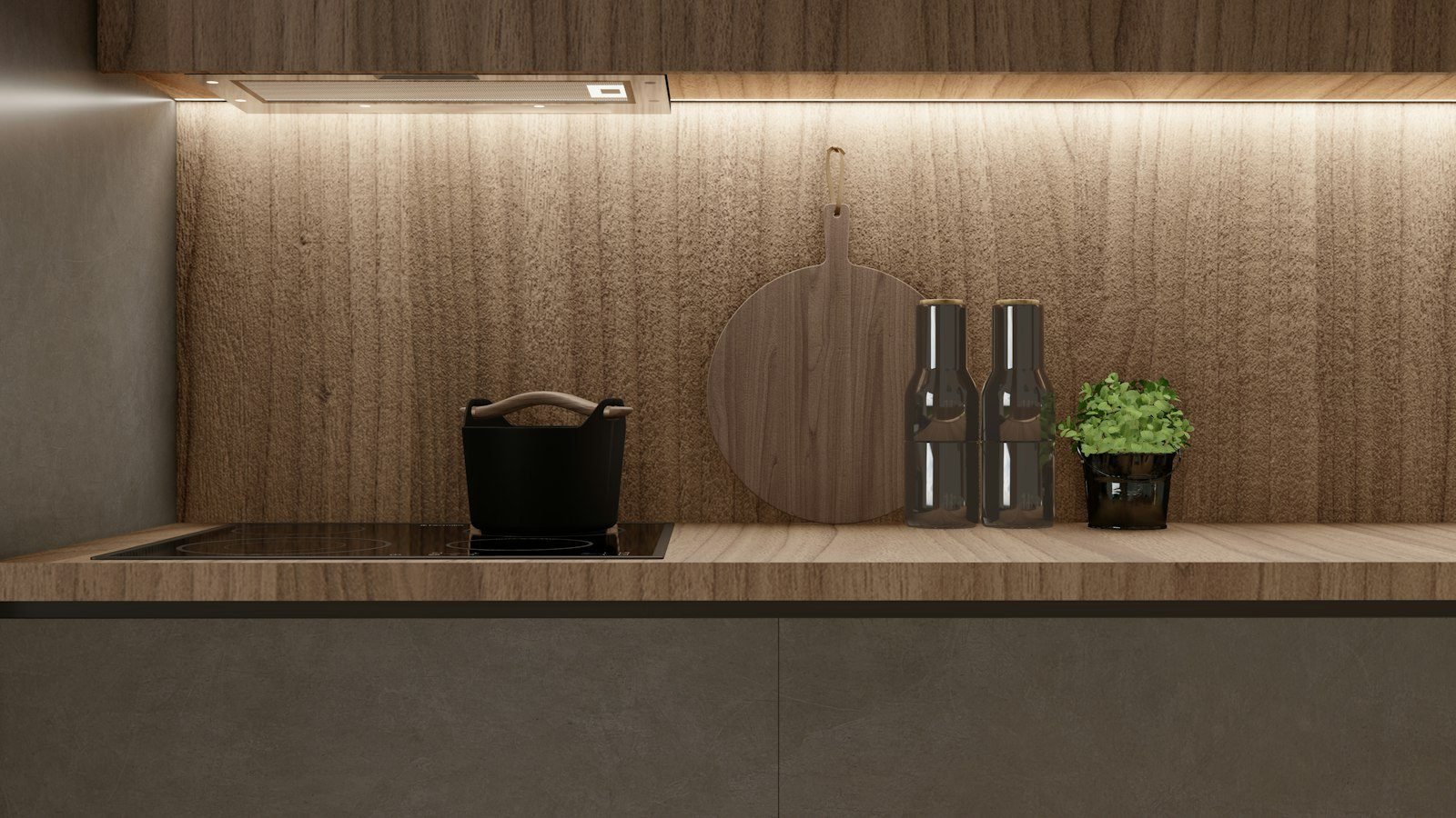 Dark wood bar and pantry zone with backlit timber