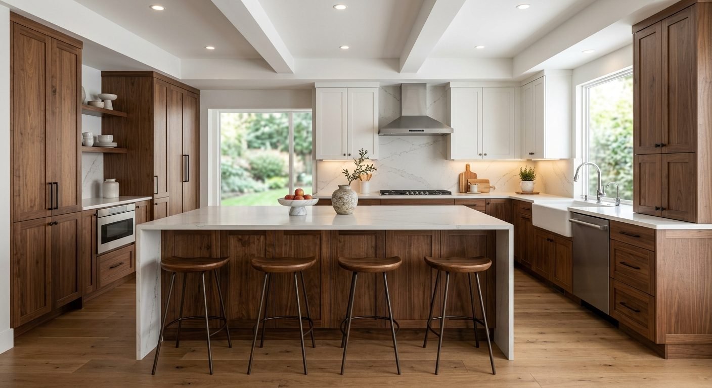 Walnut shaker kitchen with contrasting white island