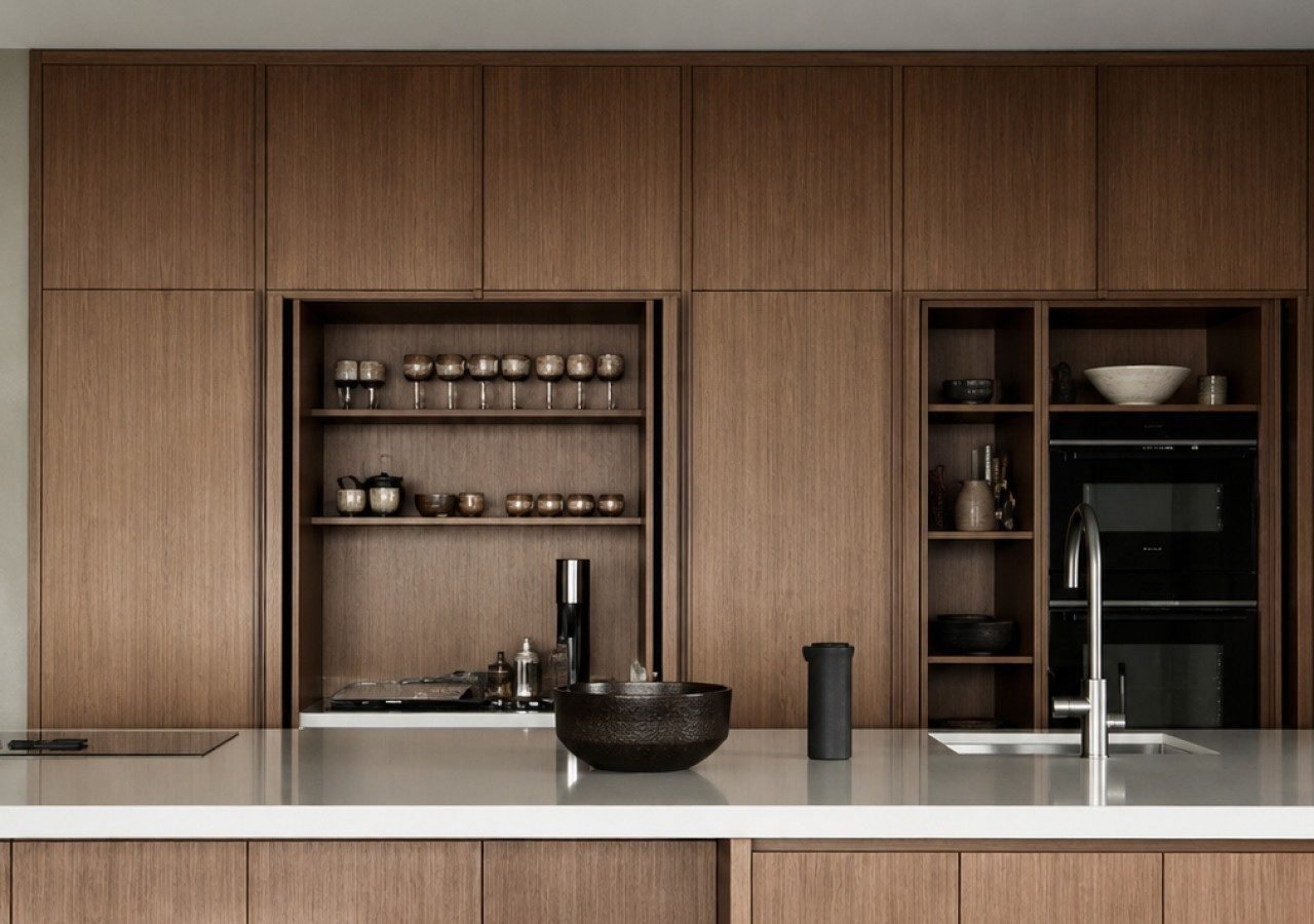 Walnut flat-panel kitchen with open shelving
