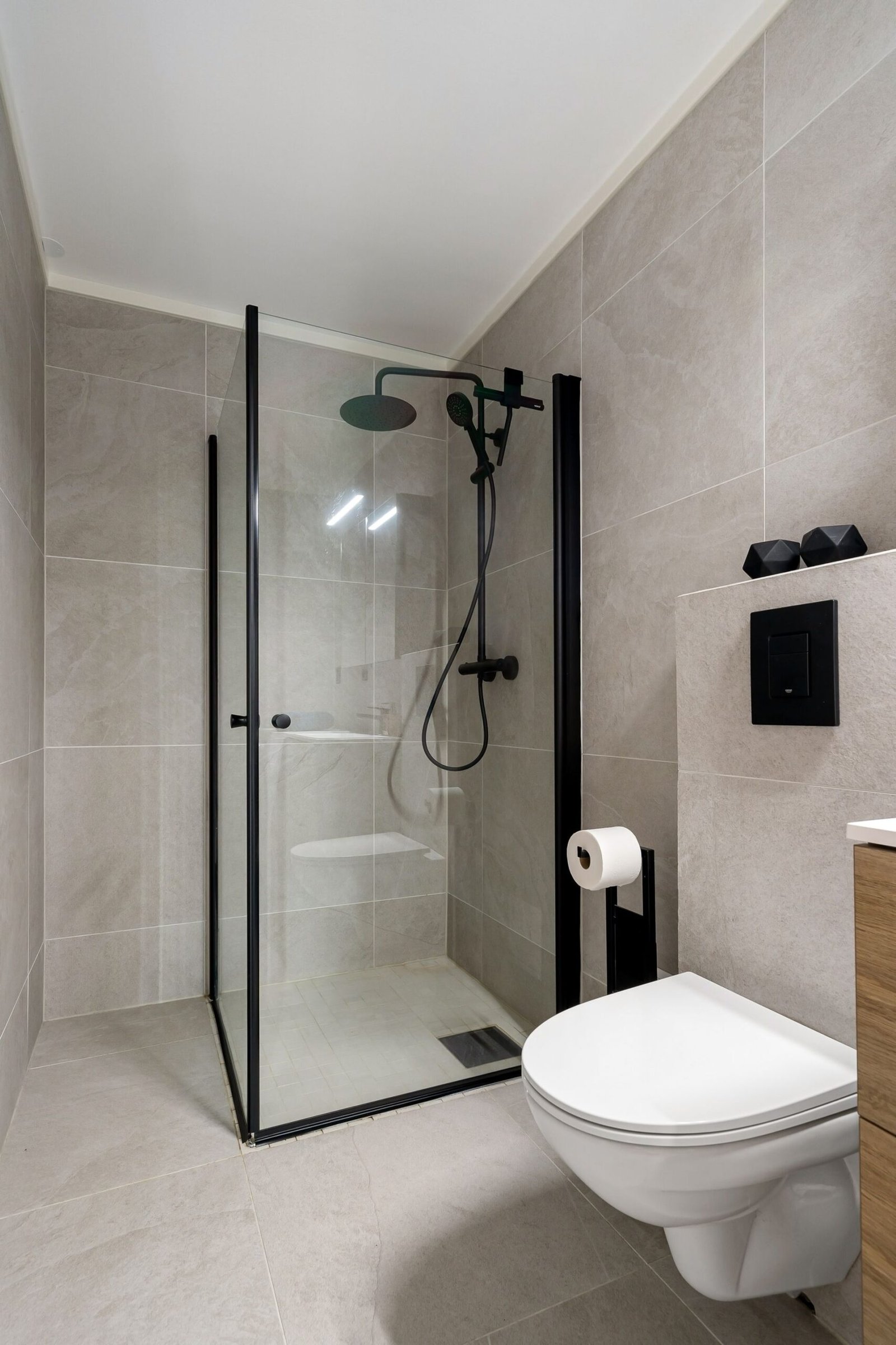 Black-finish wet area with frameless glass door