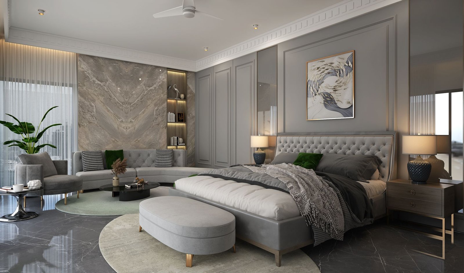 Master bedroom with panelled headboard wall