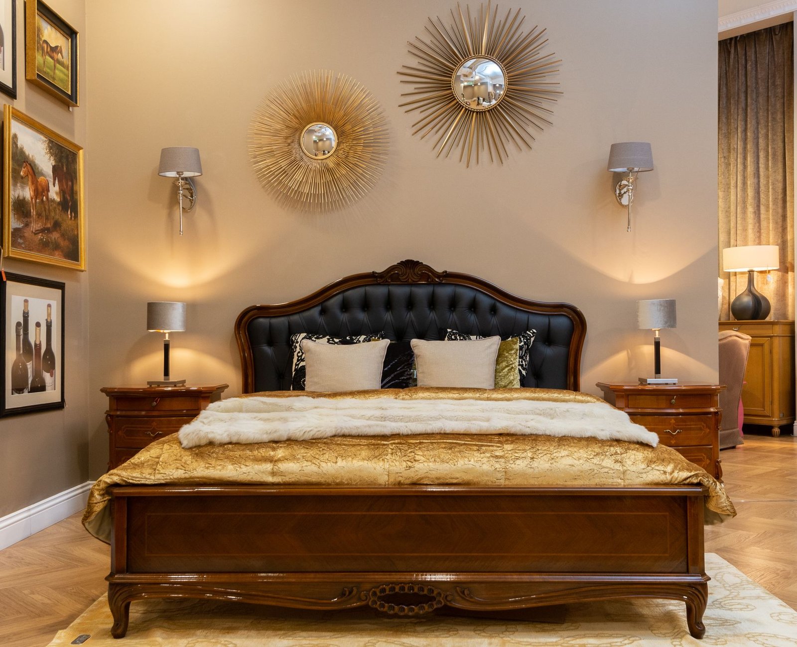 Dark wood bed with classic headboard