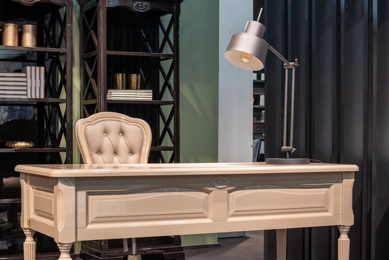 Classic carved desk with upholstered chair