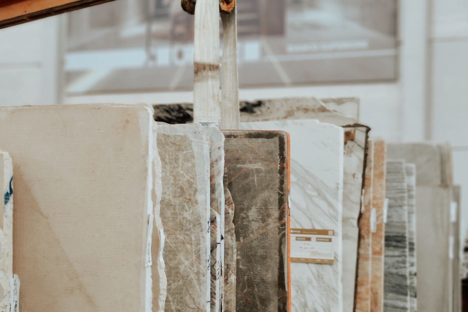 Slab rack with stacked granite slabs in the factory warehouse