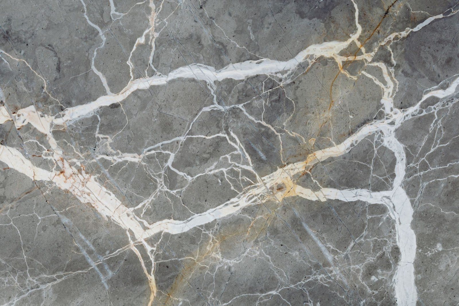 Dark grey marble slab with white and gold veins