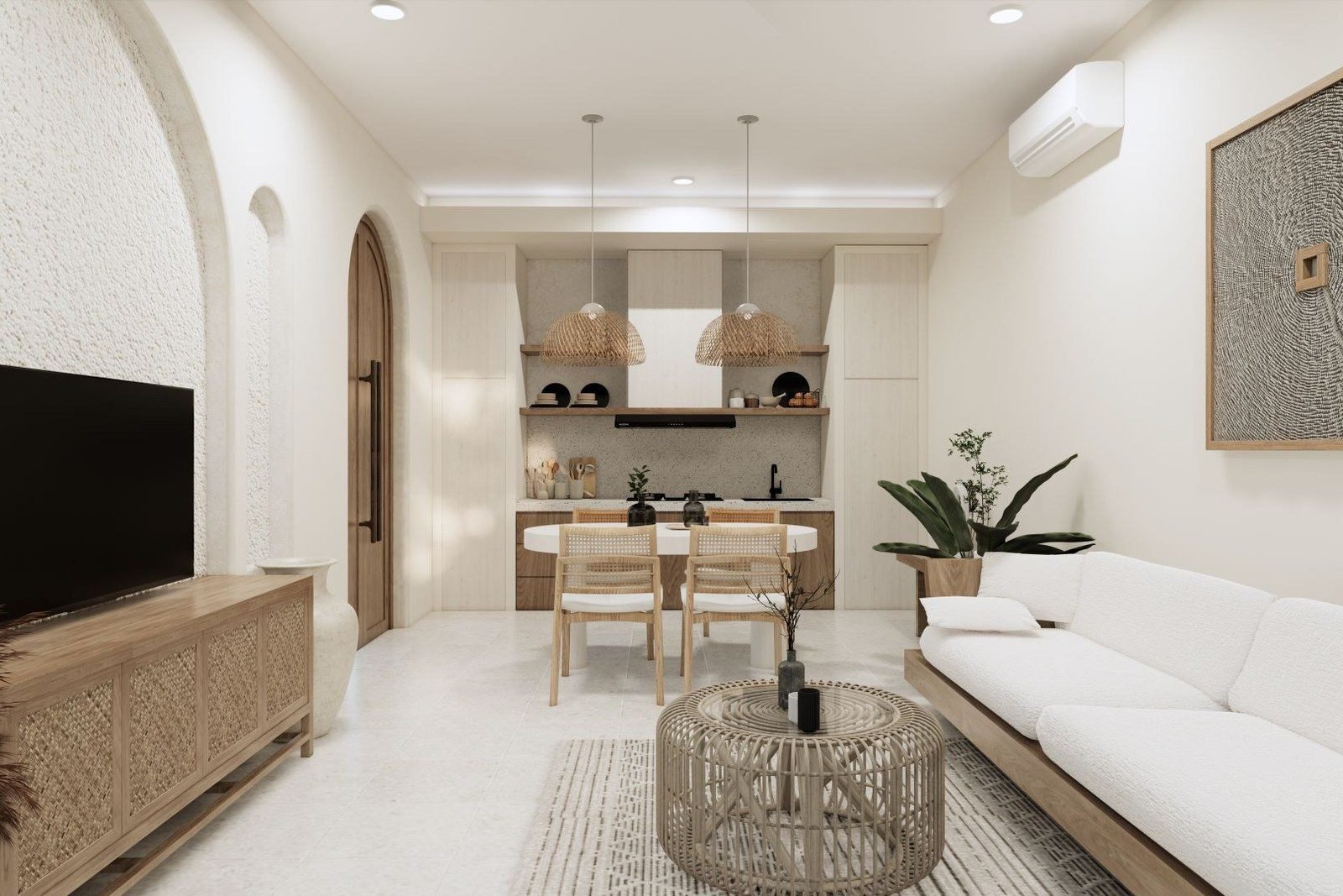 Cotton and linen scheme in a white modern villa