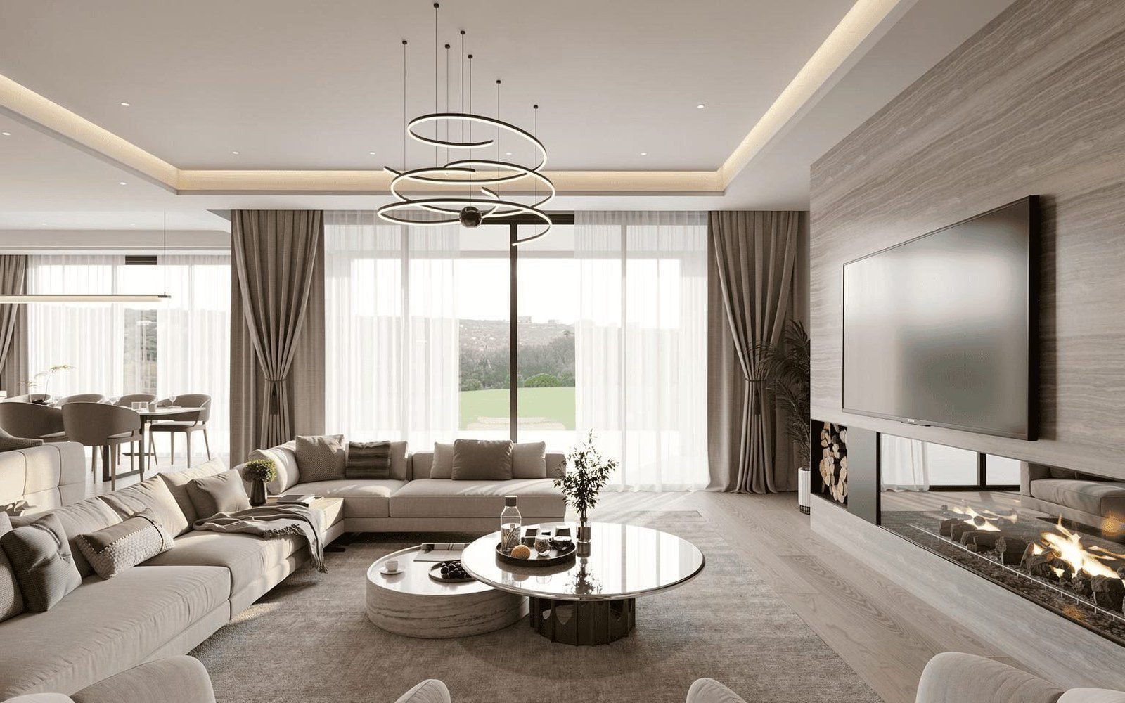 Living room of a modern two-storey Australian villa with fireplace wall and open dining area (project rendering)