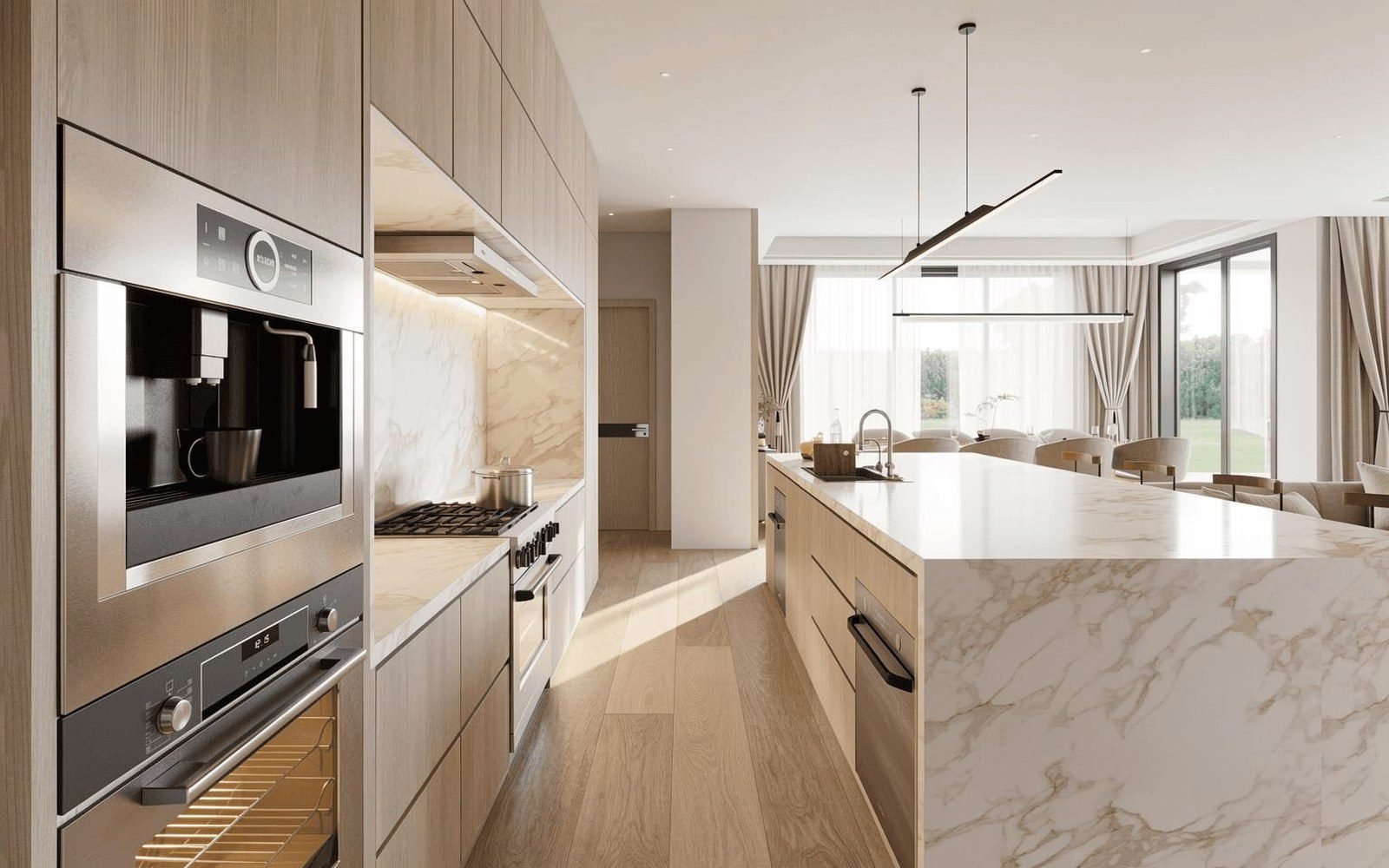 Kitchen with integrated appliances and sintered-stone island in a modern Australian villa (project rendering)