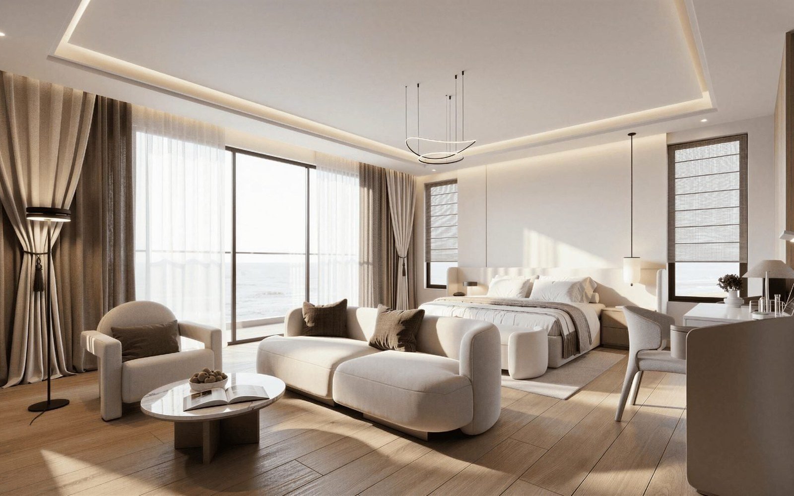 Master bedroom with floor-to-ceiling windows in a modern Australian villa (project rendering)
