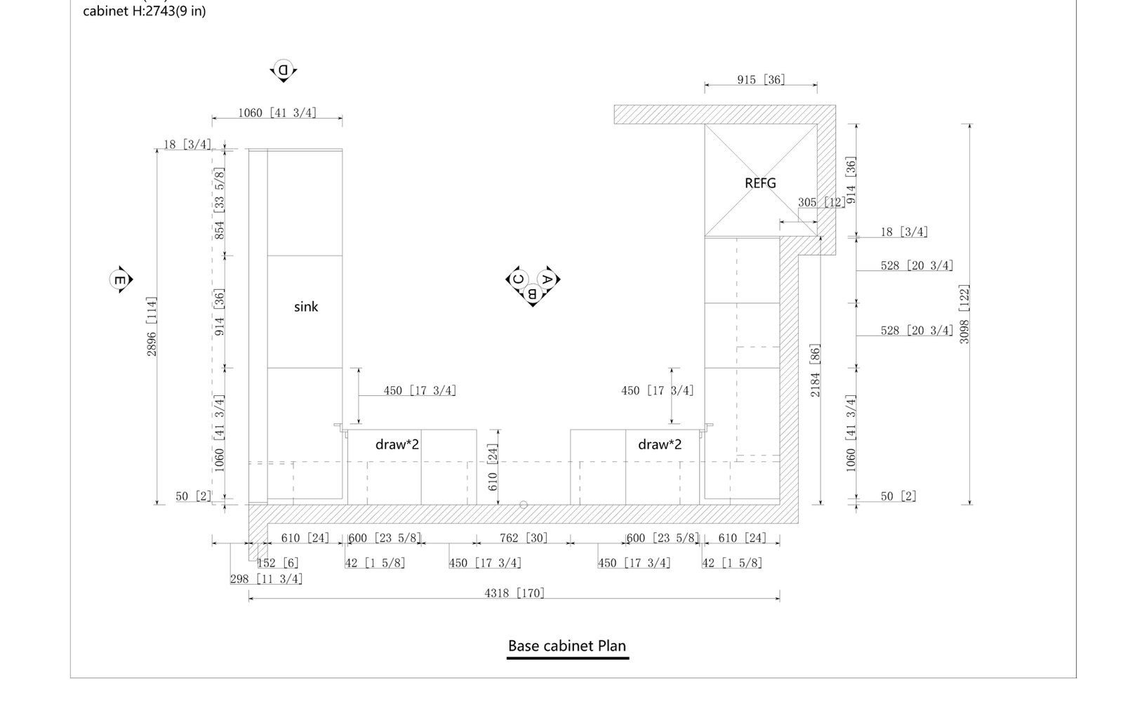 Dimensioned base cabinet plan from a villa kitchen drawing set, marked in millimetres and inches