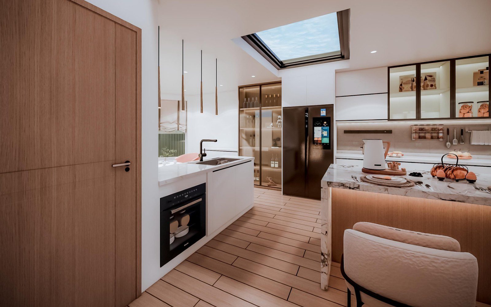 Design rendering of a US villa kitchen with an island and a stone splashback