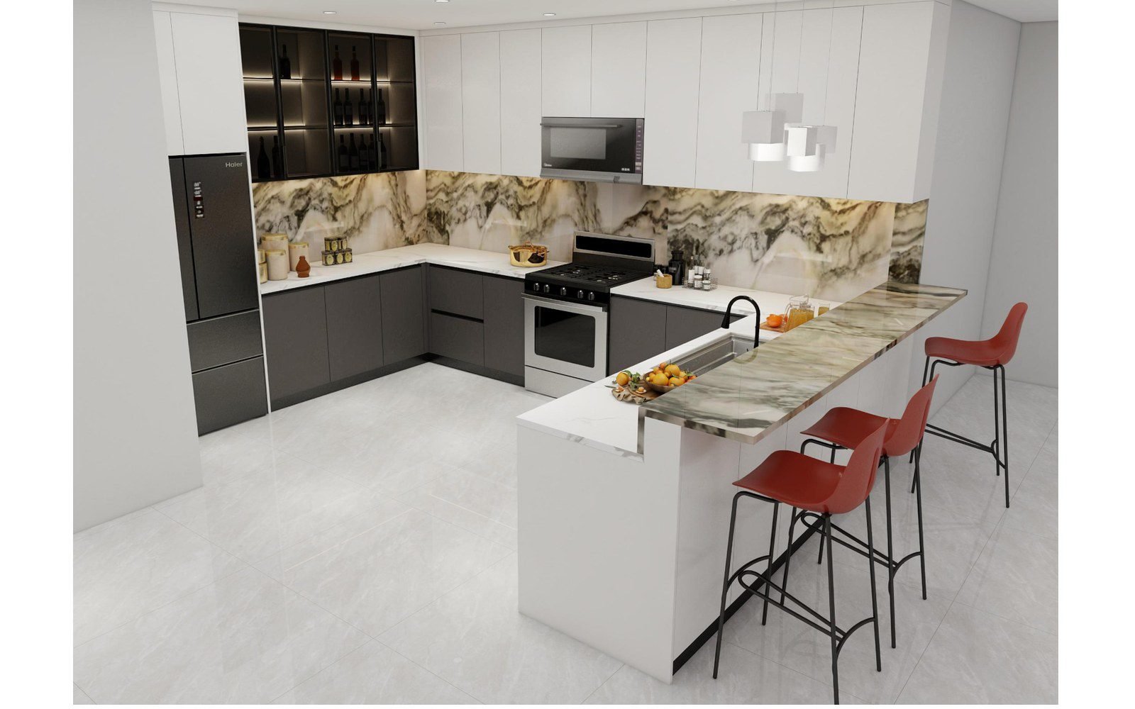 Design rendering of a villa kitchen with an island, tall units and a stone worktop