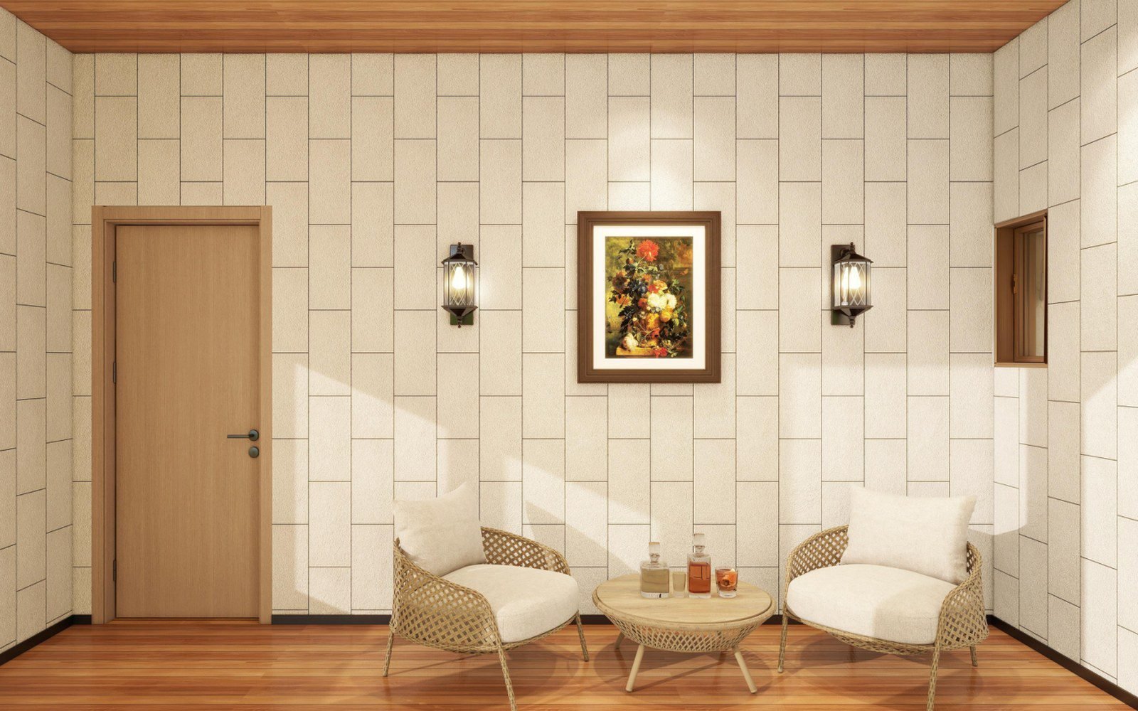 Sitting nook in a resort bungalow with cane armchairs and wall sconces, design rendering