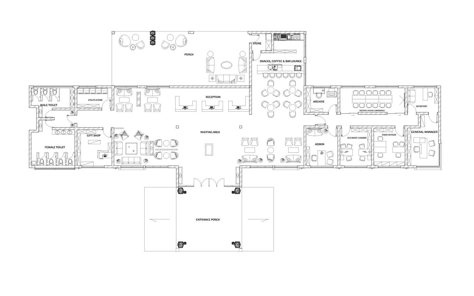 Resort reception and lobby floor plan with waiting area, bar lounge and meeting room