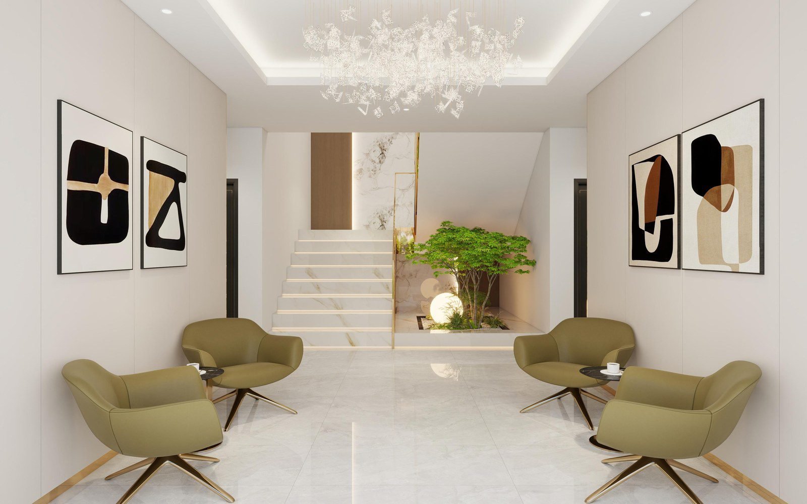 Double-height entrance hall in a Guyana villa with marble floors, full-height glazing and an interior plant courtyard (design rendering)