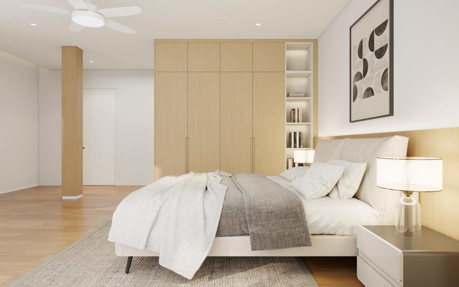 Master bedroom in a Grenada villa with a full-height built-in wardrobe in light oak and integrated open shelving (design rendering)
