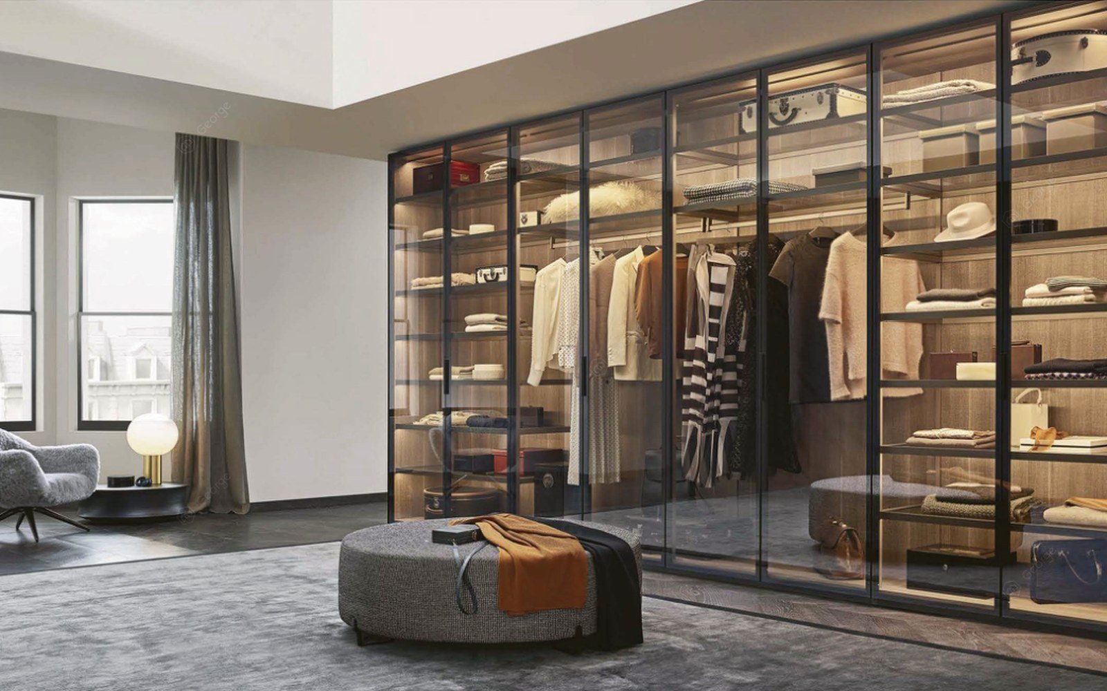 Aluminium-framed glass sliding wardrobe doors in a villa room with built-in shelving (design rendering)