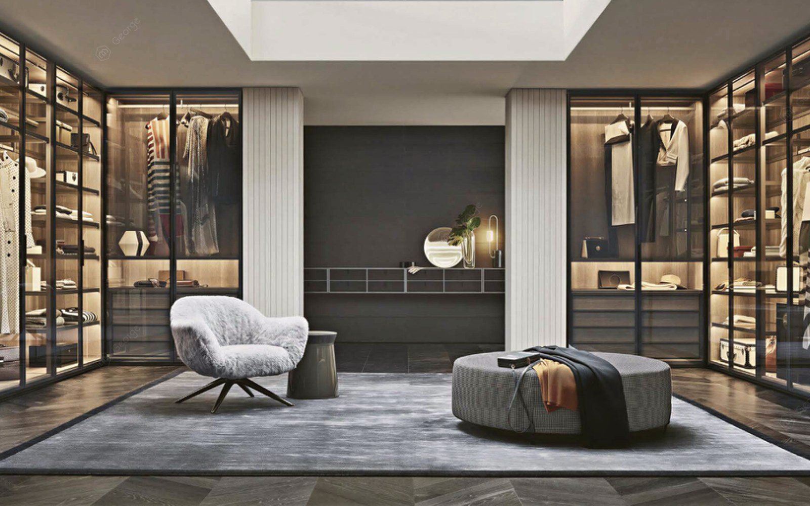 Symmetrical villa walk-in wardrobe with glass sliding doors, central island and a round mirror (design rendering)