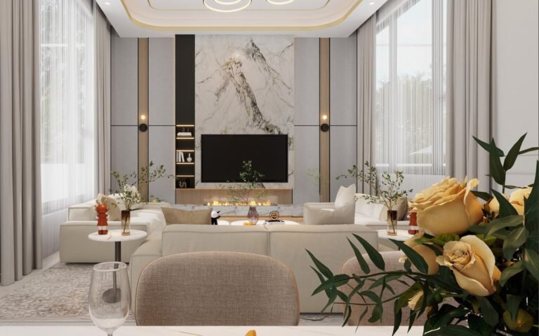 Living room of a Kenyan villa design rendering with a marble feature wall, fireplace and open seating