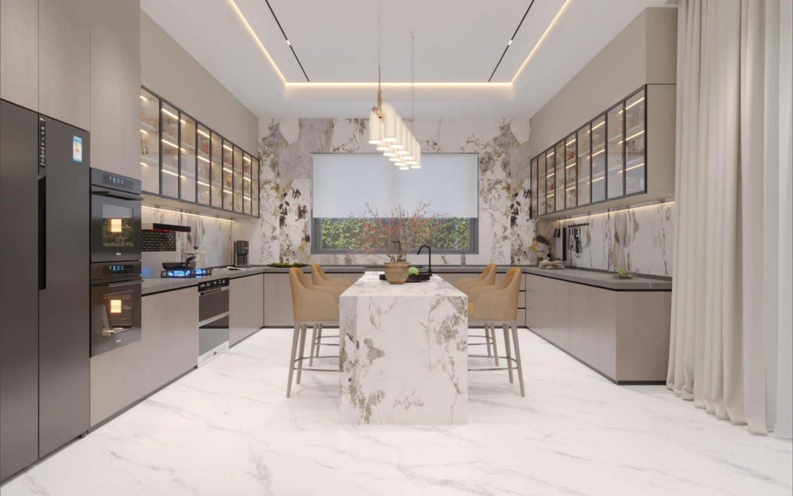 Kitchen of a Rwanda villa design rendering with integrated ovens, glass-front cabinets and marble island