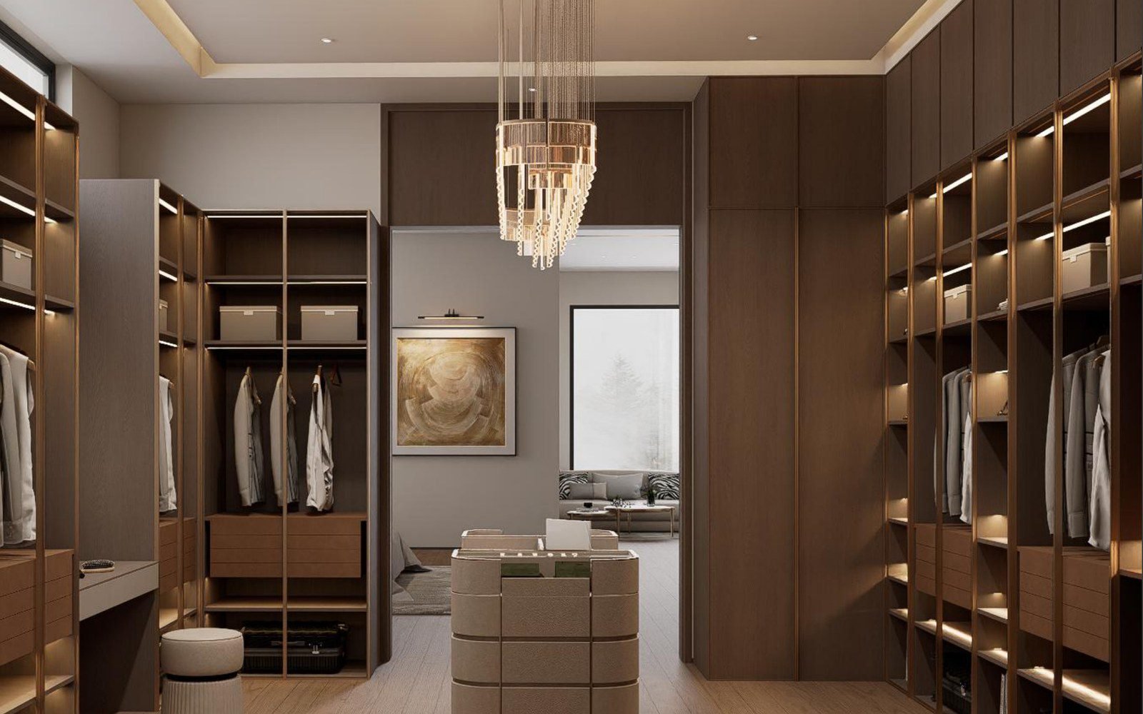 Walk-in closet of a Tanzanian villa design rendering with full case runs, central island and chandelier