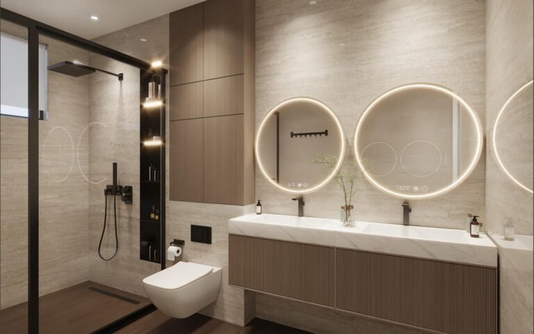 Double vanity of a Rwanda villa design rendering with wall-hung fluted cabinet and two round backlit mirrors