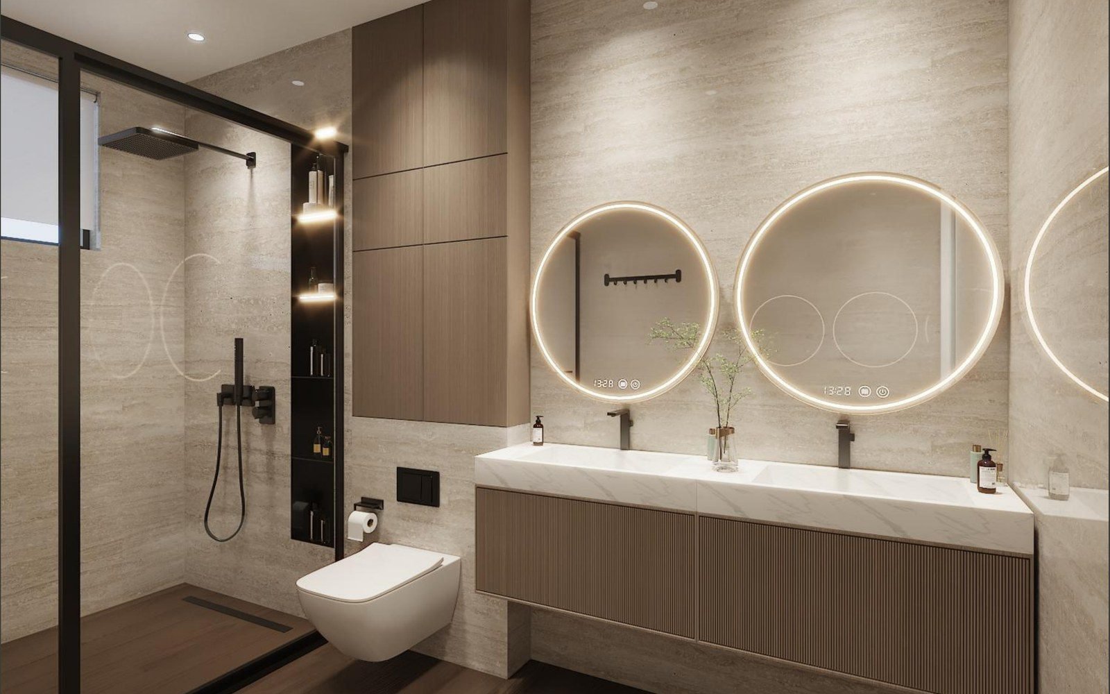 Double vanity of a Rwanda villa design rendering with wall-hung fluted cabinet and two round backlit mirrors