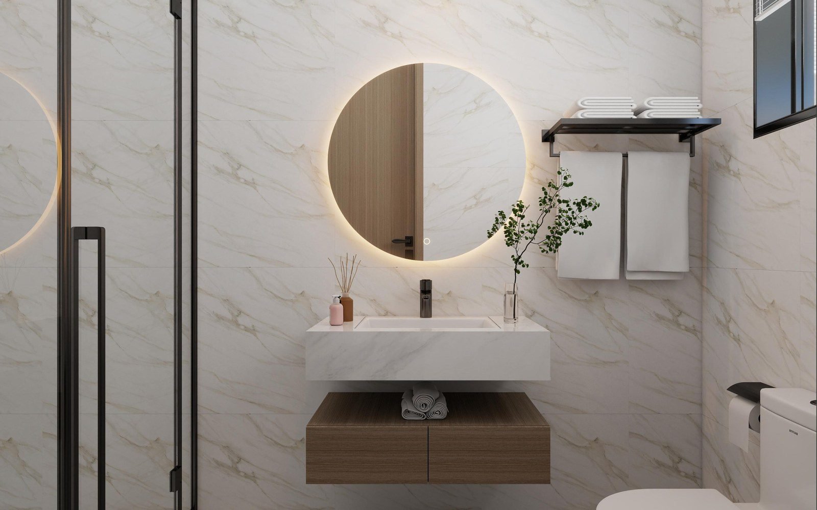 Wall-hung vanity of a Kenyan villa design rendering with round backlit mirror and walk-in shower