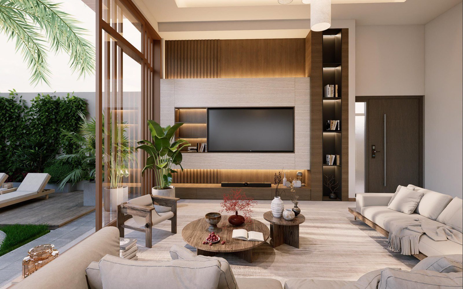 Tropical villa living room opening onto a pool deck in a Philippines project, George Villa