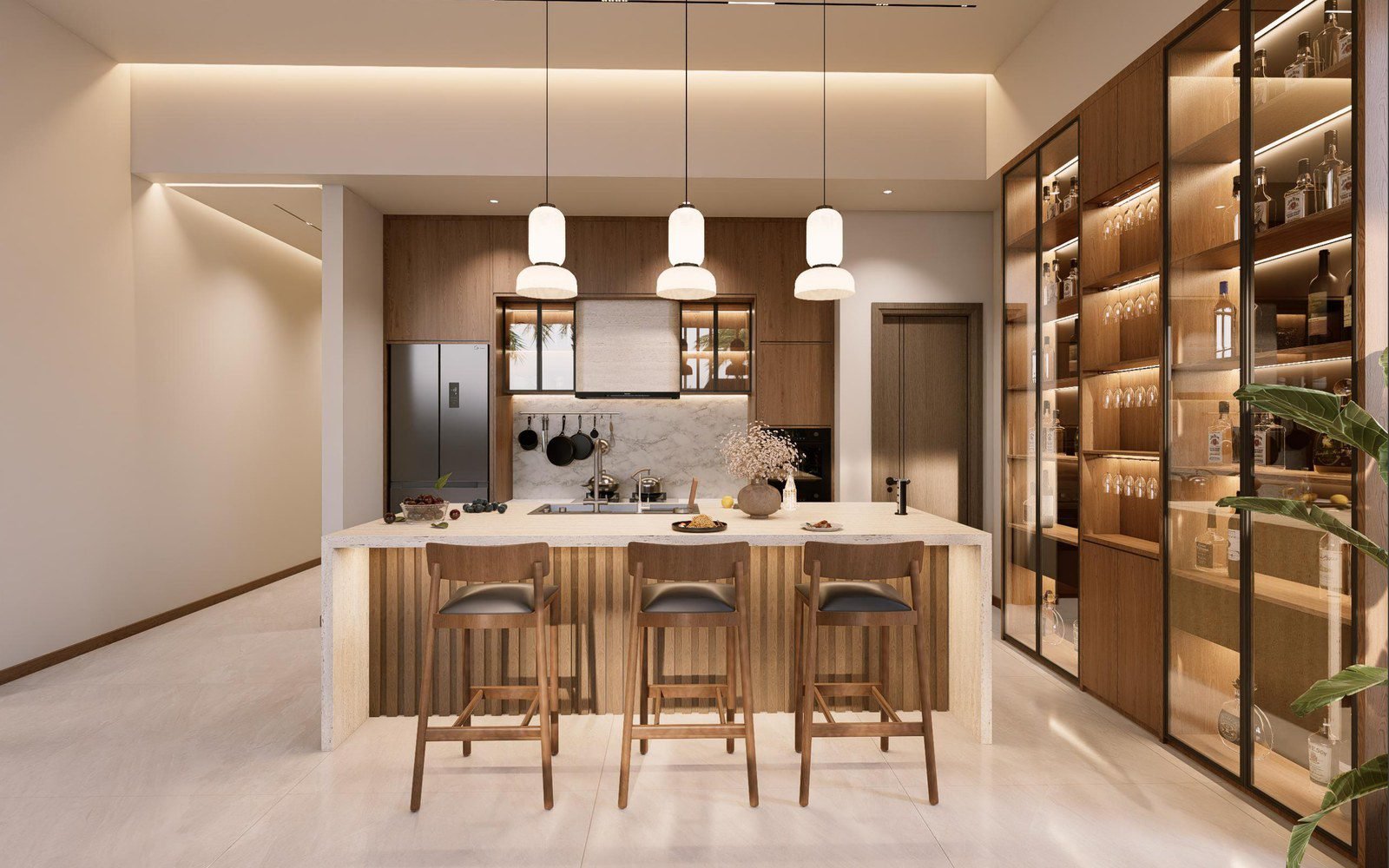 Wood-fluted kitchen island with backlit storage in a coastal Philippines villa, George Villa