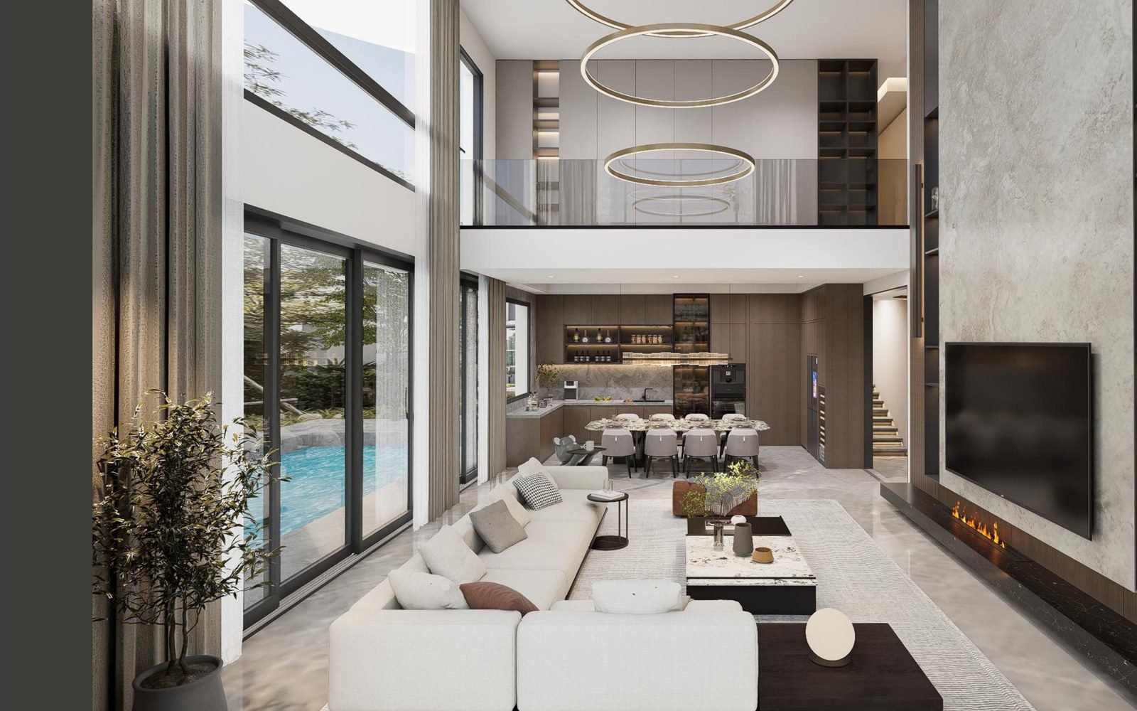 Double-height marble hall with a linear fireplace and walnut fluted fronts in an Indonesia villa project, George Villa