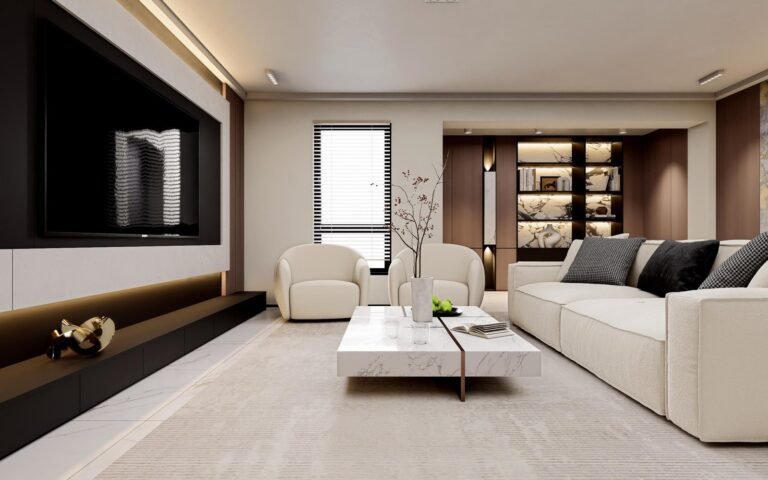 Finished living room with a built-in TV feature wall and storage shelves installed on site