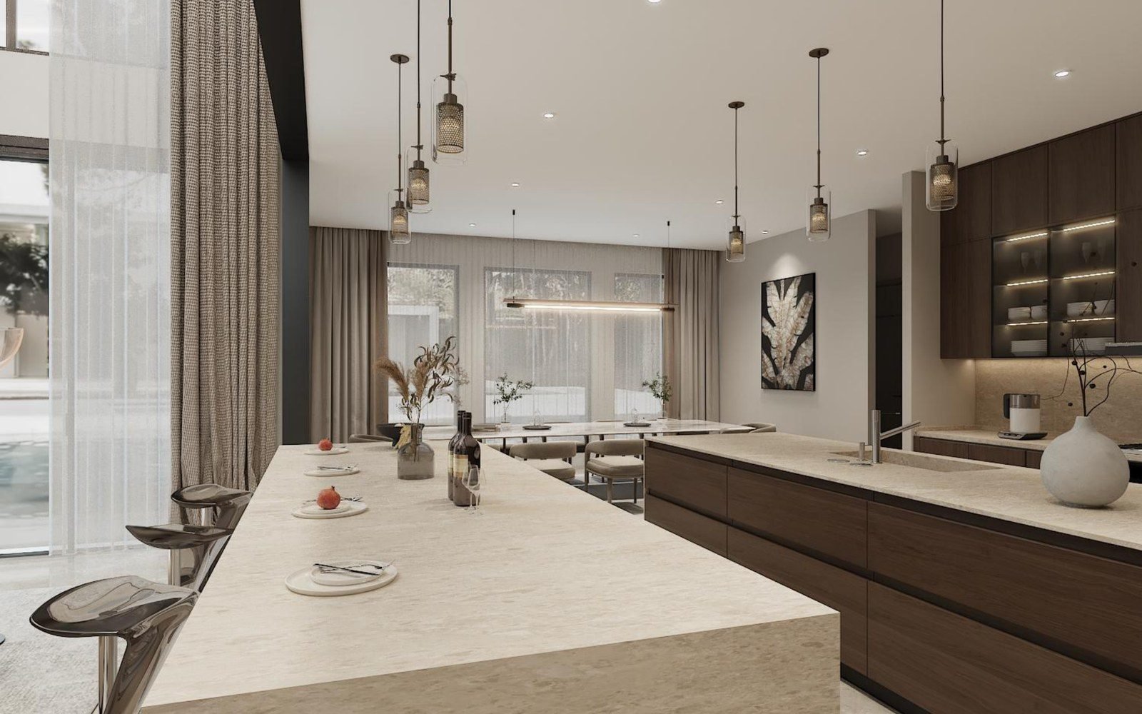 Kitchen island with four bar stools, stone waterfall ends and pendant lighting in a villa