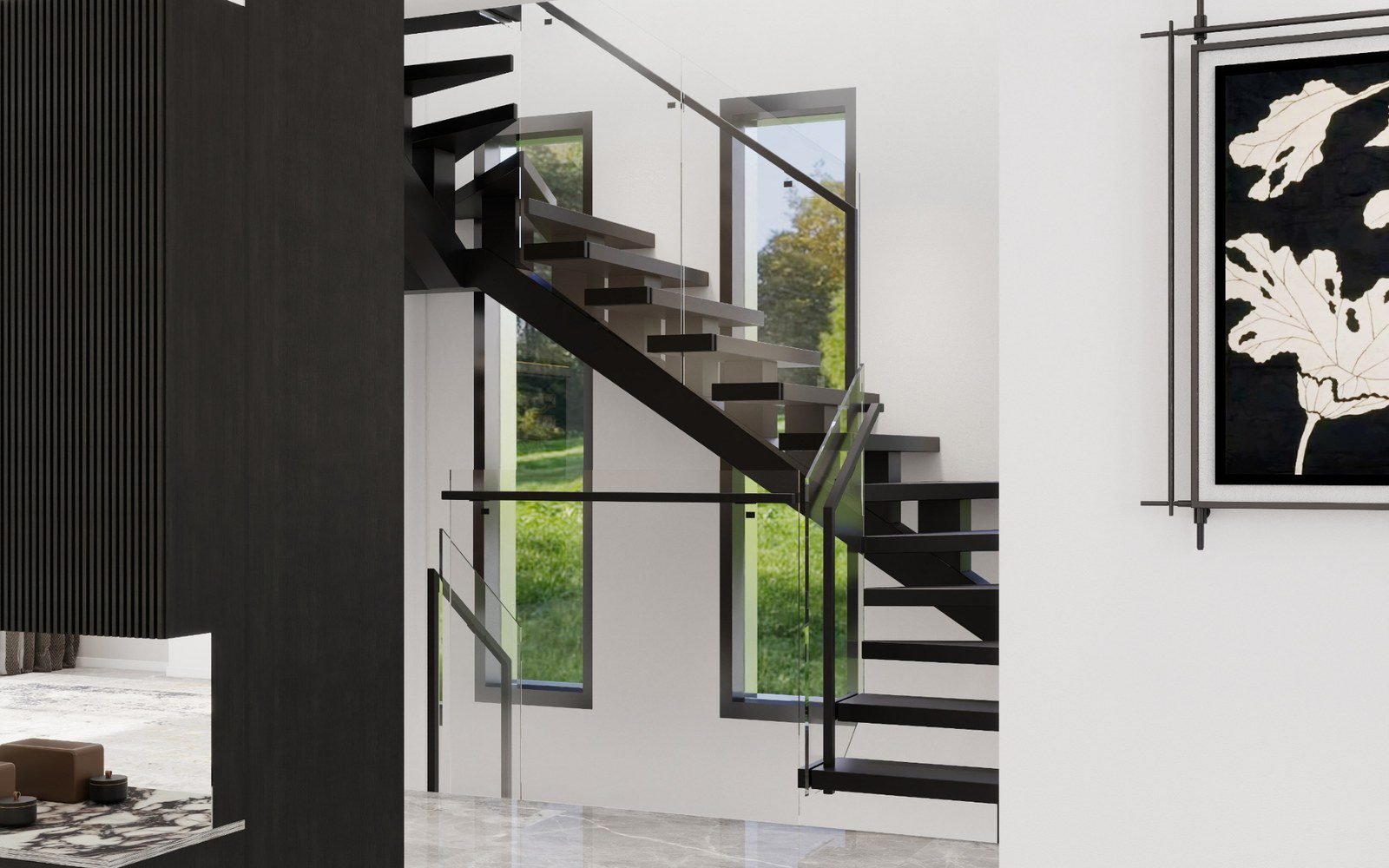 Open-riser floating wood staircase with brass handrail and frameless glass balustrade in a bright hallway