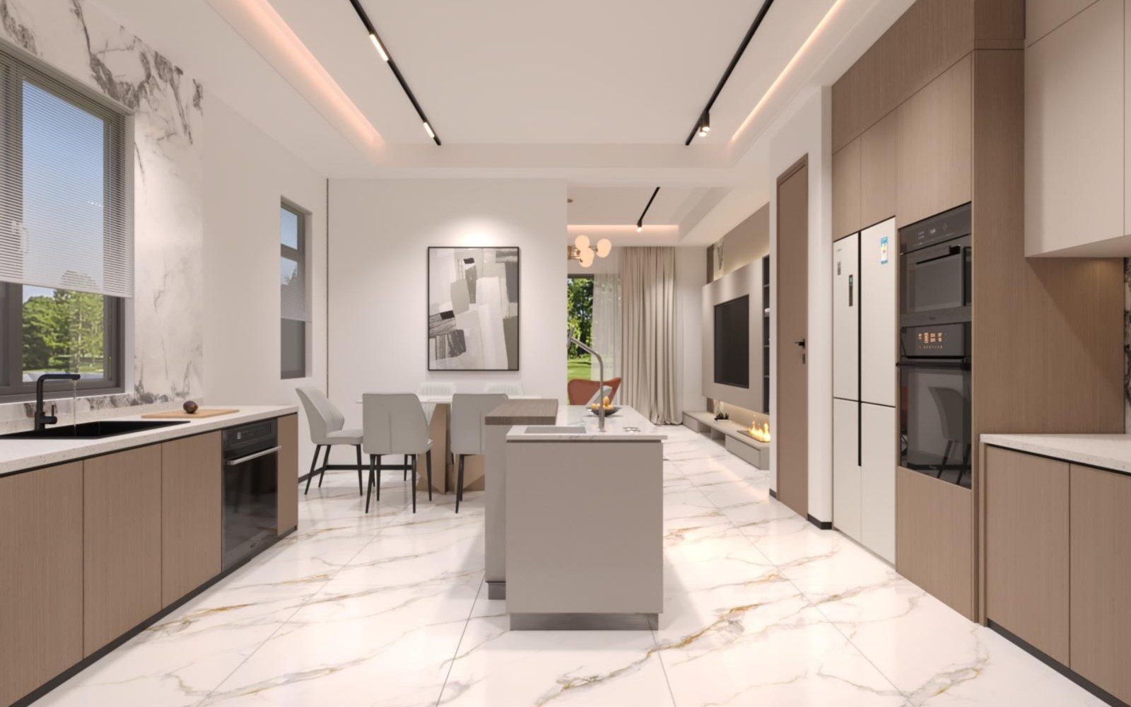 Large-format marble tile floor in an open-plan villa kitchen and dining area