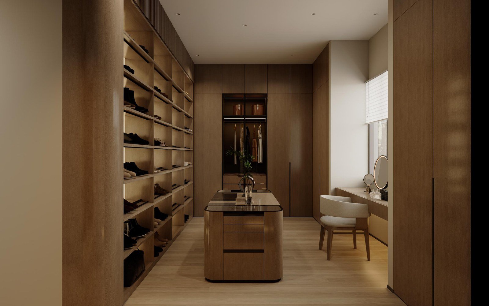 Walk-in closet with central island, open shoe shelving and dressing area in a villa bedroom