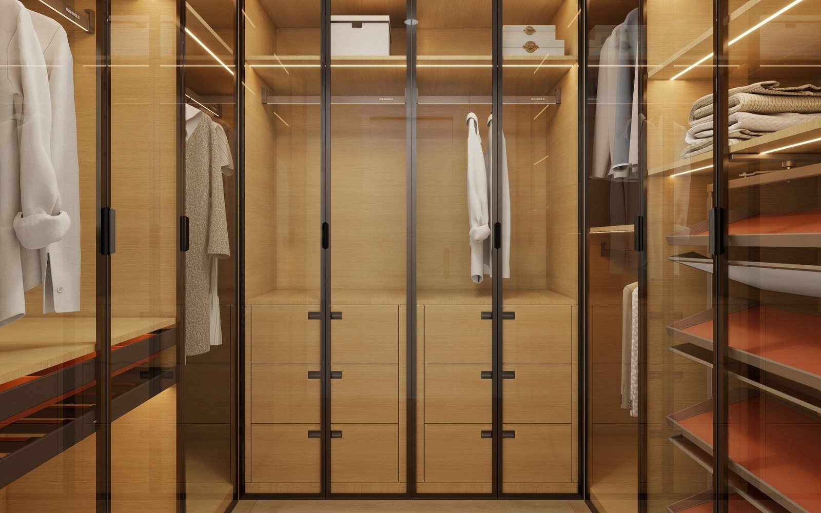 Wood finished walk-in closet bays with drawers, hanging rails and under shelf LED lighting