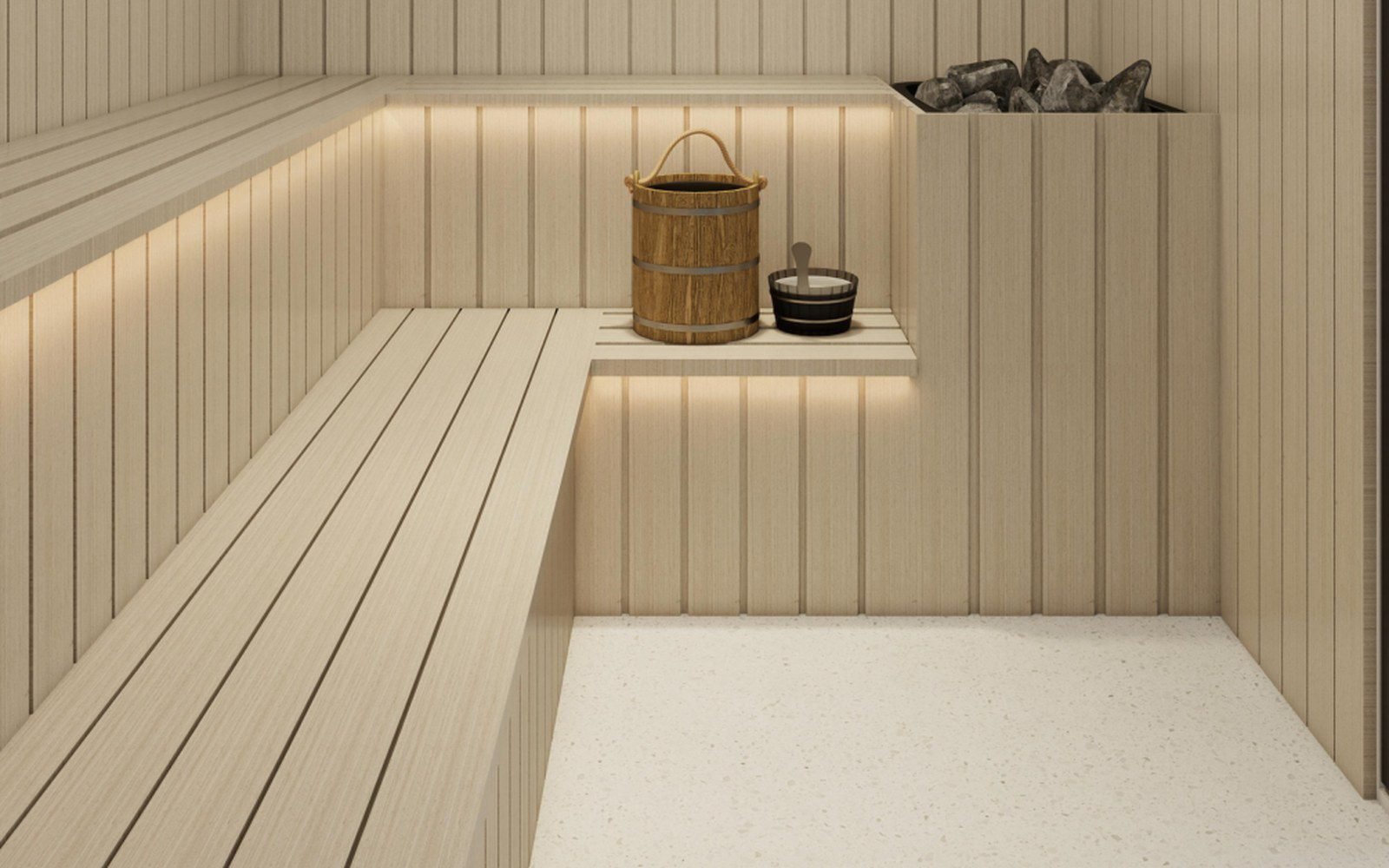 Compact corner sauna with bench, wooden bucket and heater in a home spa