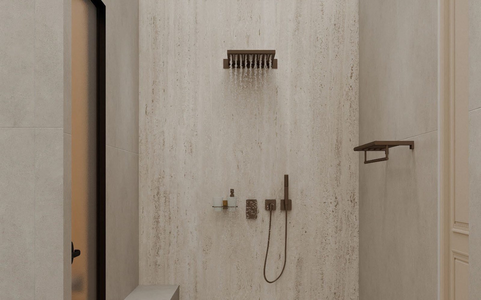 Stone wet room with bronze rainfall shower beside a frosted door opening into a warmly lit sauna