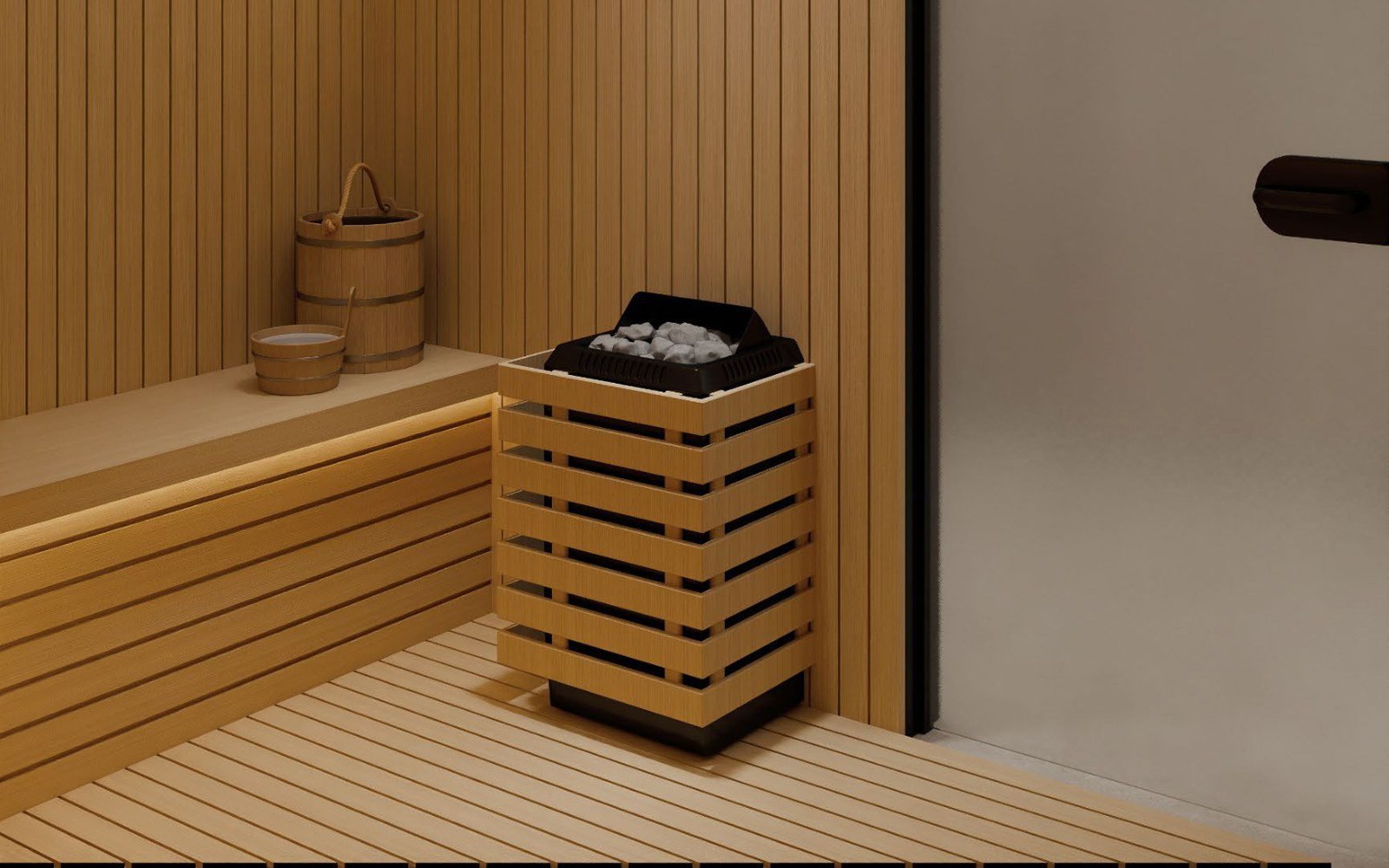 Wooden bucket and bowl on a sauna bench beside a slatted cabinet of white heater stones