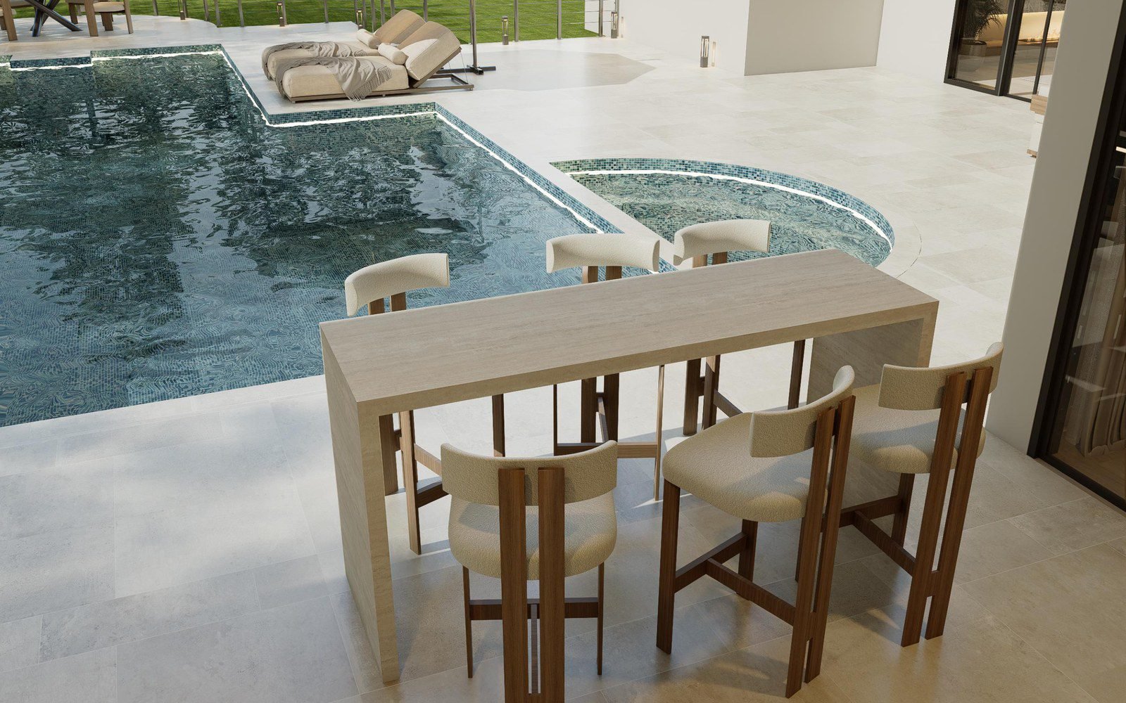 Poolside deck by the water; the clearance ring a tub gets is the same ring a pool deck earns