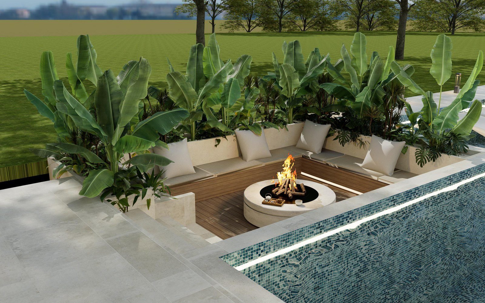 The warm side of the corner: fire pit bench set along the pool edge, the hot cold pair in one view